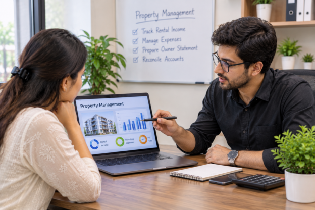 Property management professionals reviewing rental income