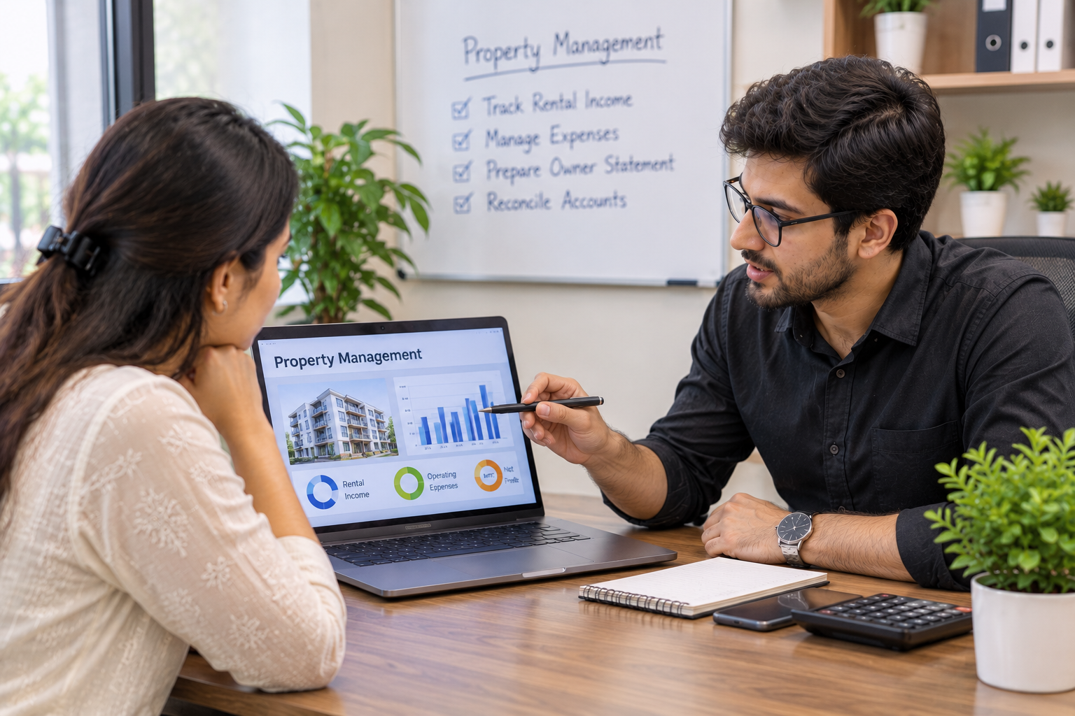 Property management professionals reviewing rental income