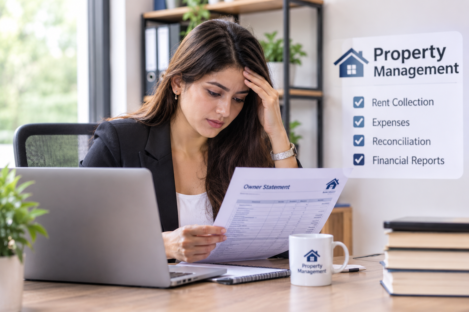 A property management professional reviewing financial reports and owner statements