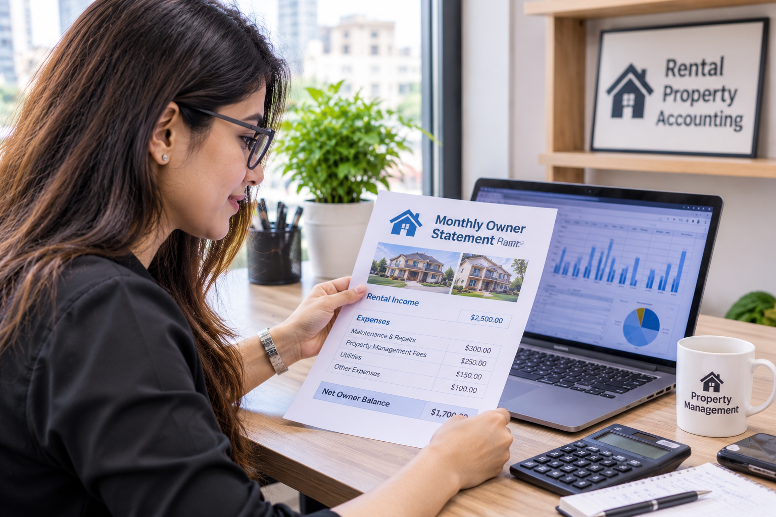 property management professional reviewing a monthly rental property owner statement and financial reports