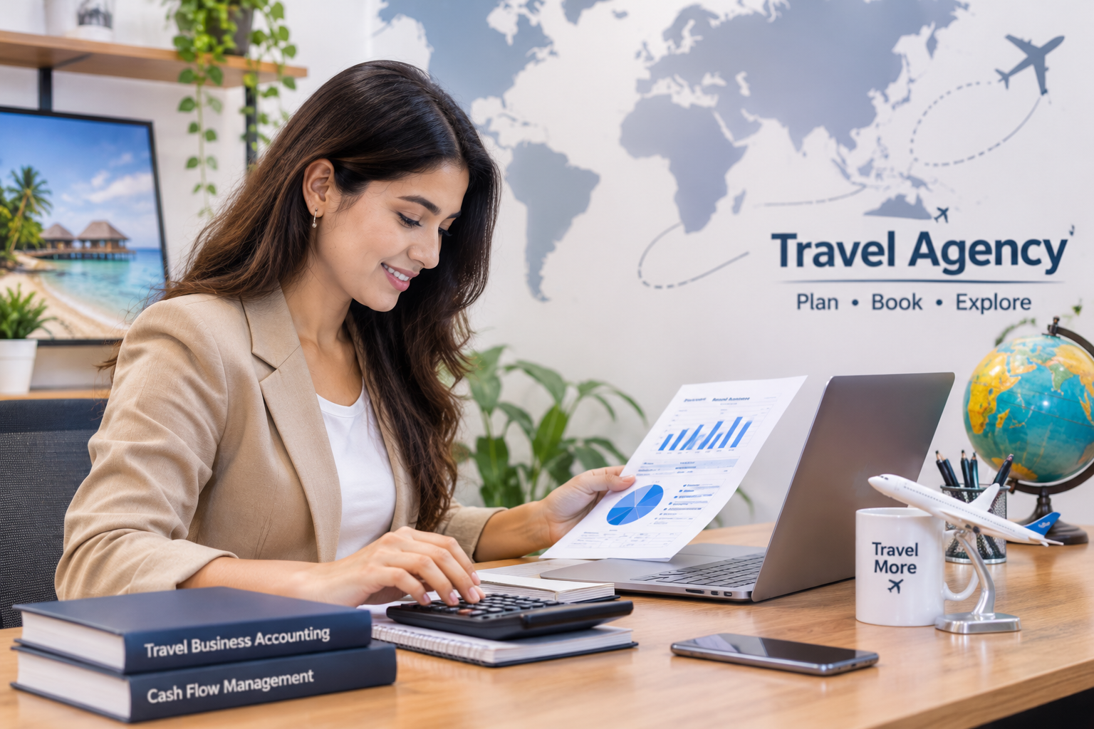 A travel agency professional reviewing financial reports and cash flow records